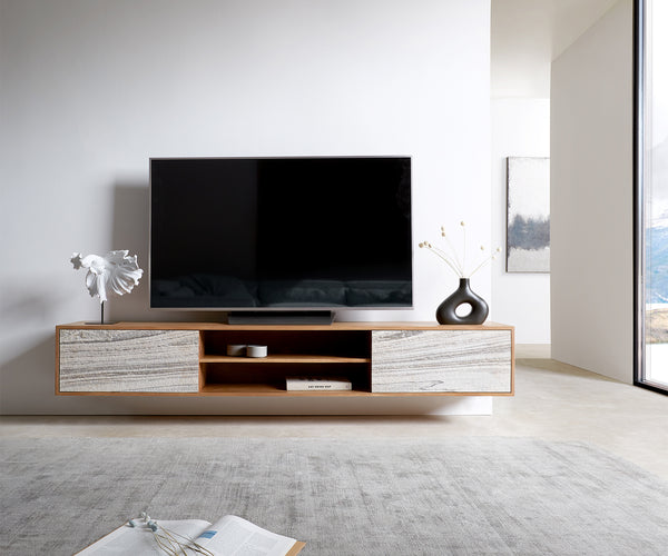 Floating TV Stand Kleo 200 cm Acacia Wood Natural 2 Doors 2 Compartments