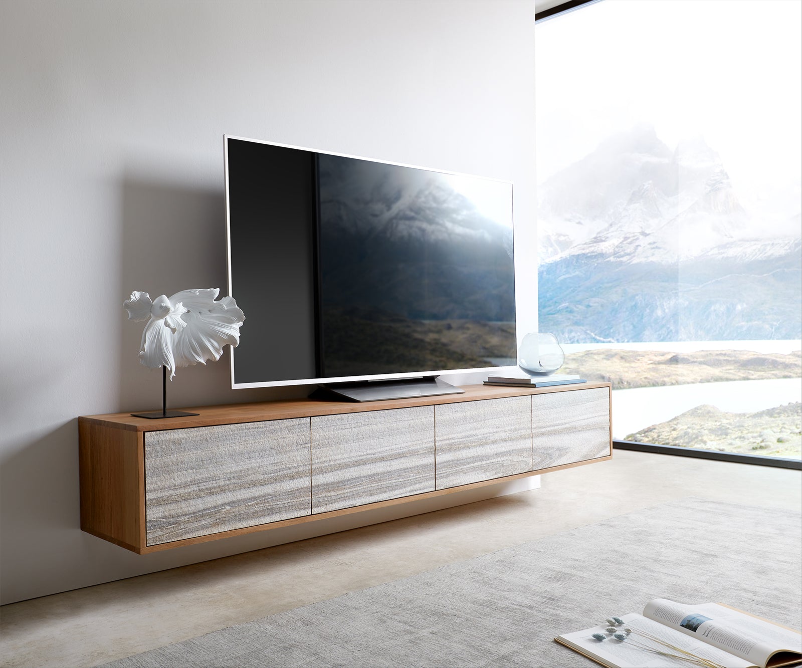 Floating TV Stand Kleo 200 cm Acacia Wood Natural 4 Doors