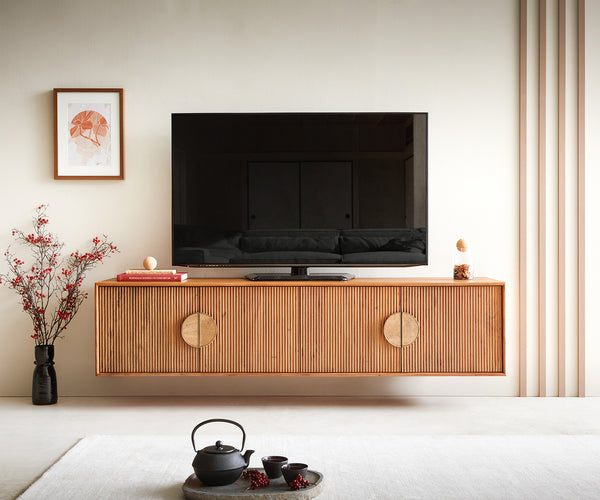 Floating TV Stand Surimu 175cm Acacia Wood Brown 4 Doors Cork Handle