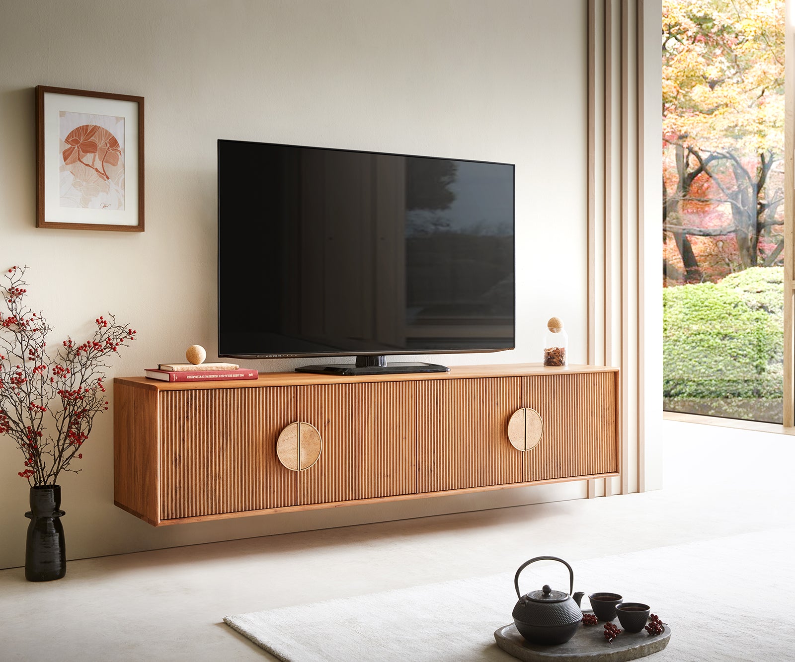 Floating TV Stand Surimu 175cm Acacia Wood Brown 4 Doors Cork Handle