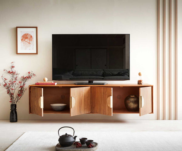 Floating TV Stand Surimu 175cm Acacia Wood Brown 4 Doors Cork Handle