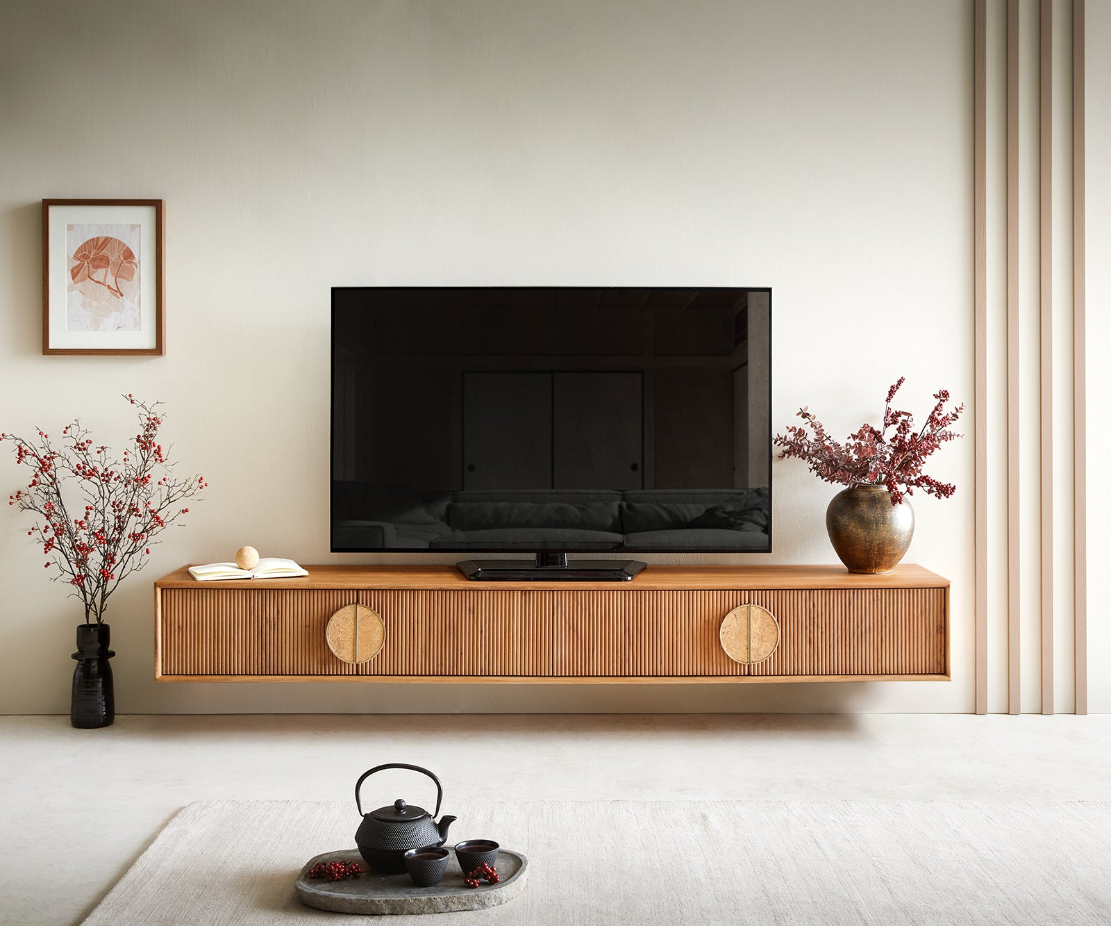 Floating TV Stand Surimu 200cm Acacia Wood Brown 4 Doors Cork Handle