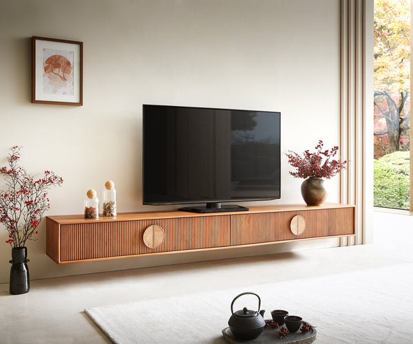 Floating TV Stand Surimu 240cm Acacia Wood Brown 4 Doors Cork Handle