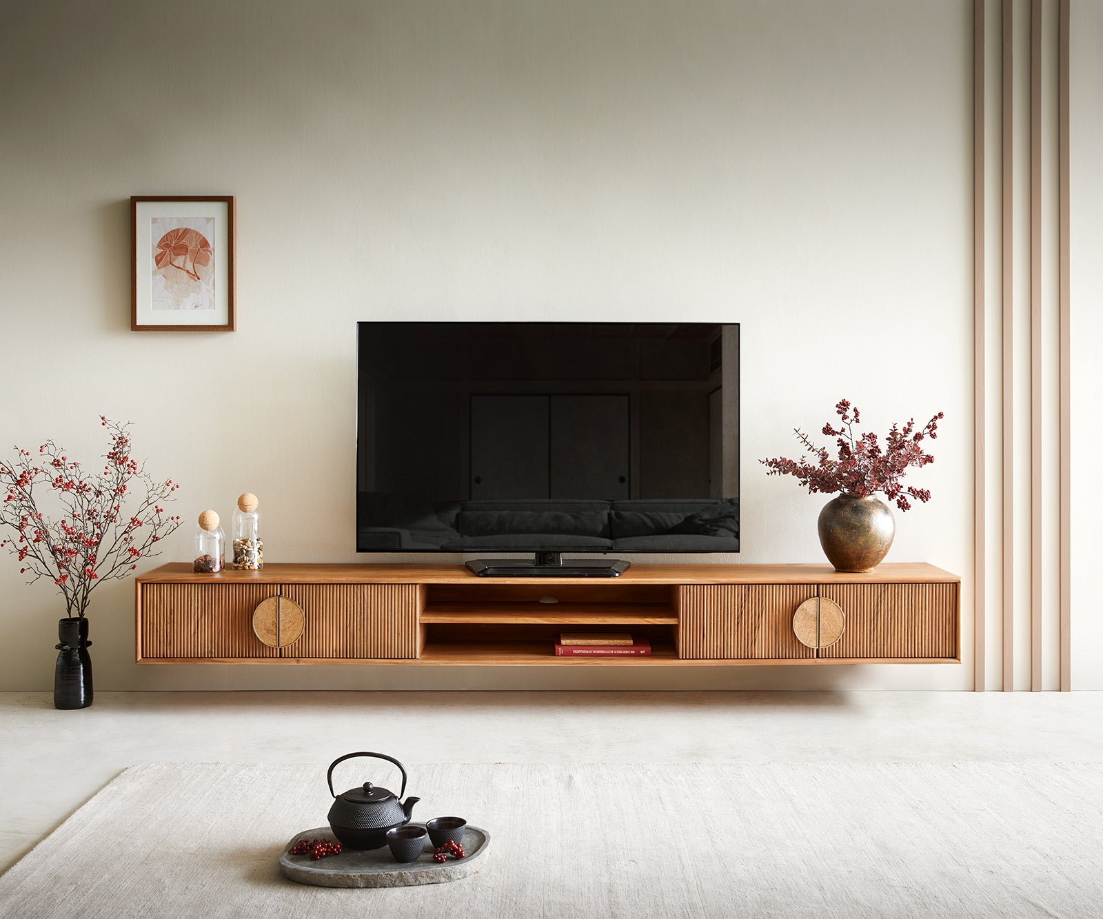 Floating TV Stand Surimu 240cm Acacia Wood Brown 4 Doors 2 Compartments Cork Handle