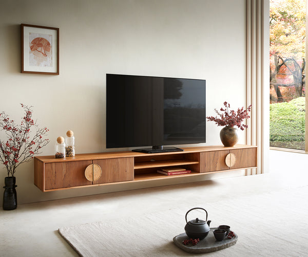 Floating TV Stand Surimu 240cm Acacia Wood Brown 4 Doors 2 Compartments Cork Handle