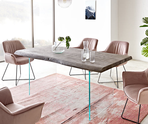 Dining Table Olympus Live Edge Acacia Wood Platinum Glass Frame 160-300cm