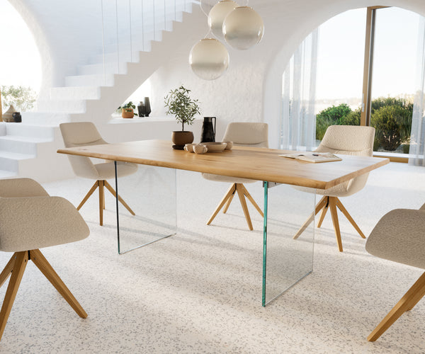 Dining Table Olympus Live Edge Oak Wood Natural Glass Frame 160-300cm