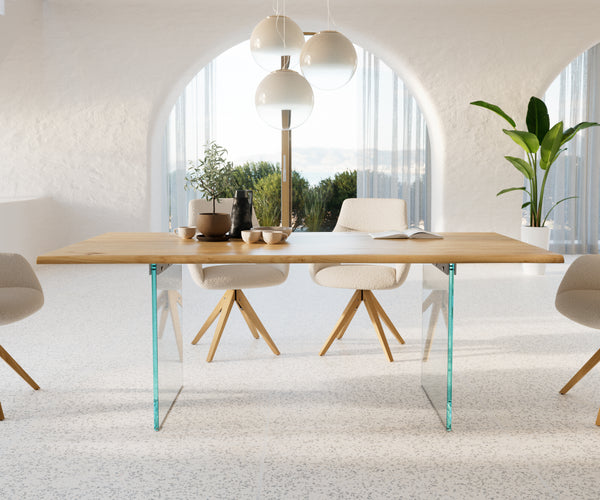 Dining Table Olympus Live Edge Oak Wood Natural Glass Frame 160-300cm