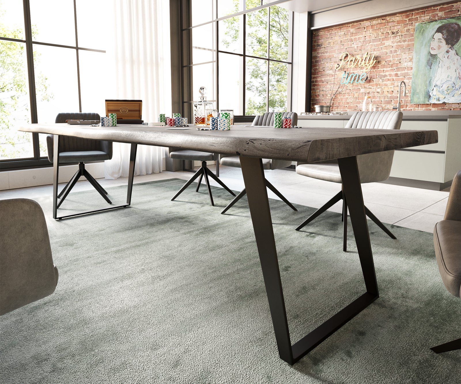 Dining Table Olympus Live Edge Acacia Wood Platinum Slanted Frame Black 180-300cm