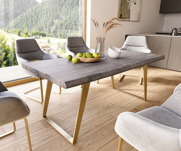 Dining Table Olympus Live Edge Acacia Wood Platinum Slanted Frame Gold 180-260cm