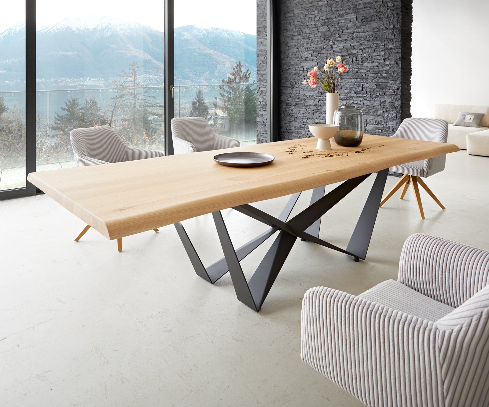 Dining Table Olympus Live Edge Oak Wood Natural Spider Frame Black 260-300cm