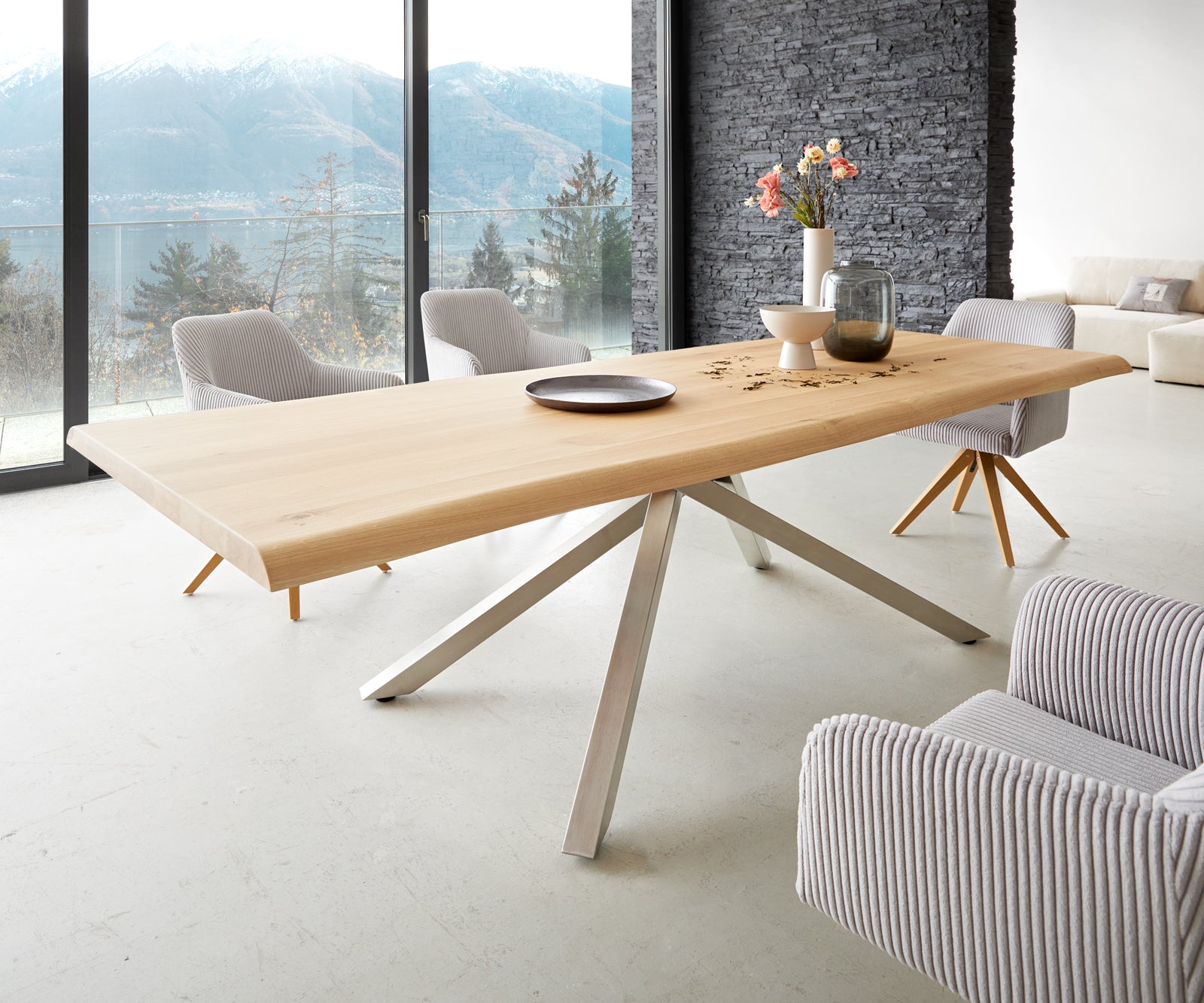 Dining Table Olympus Live Edge Oak Wood Natural Cross Frame Steel 200-300cm
