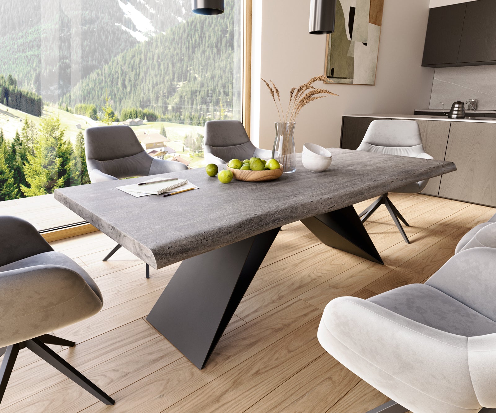 Dining Table Olympus Live Edge Acacia Wood Platinum V-Frame Black 180-300cm