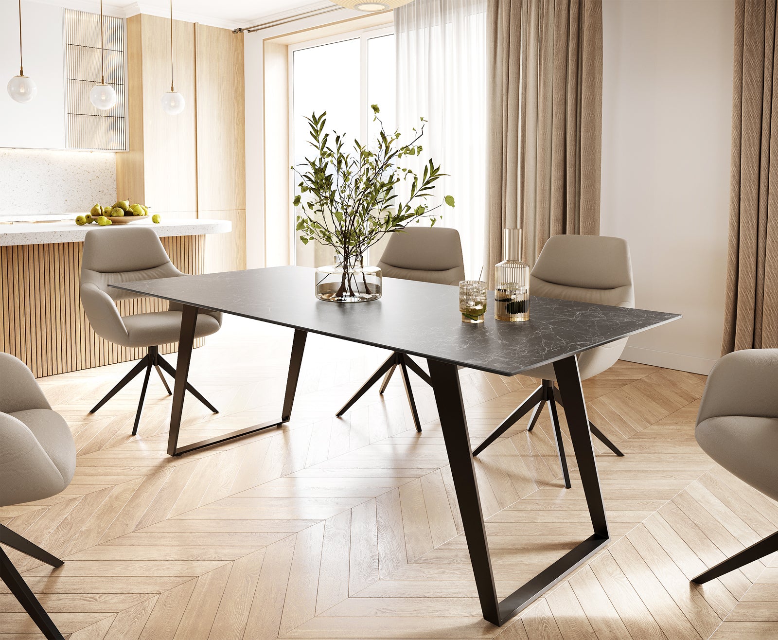 Dining Table Aurora Ceramic Gray Slanted Frame Black 200-300cm