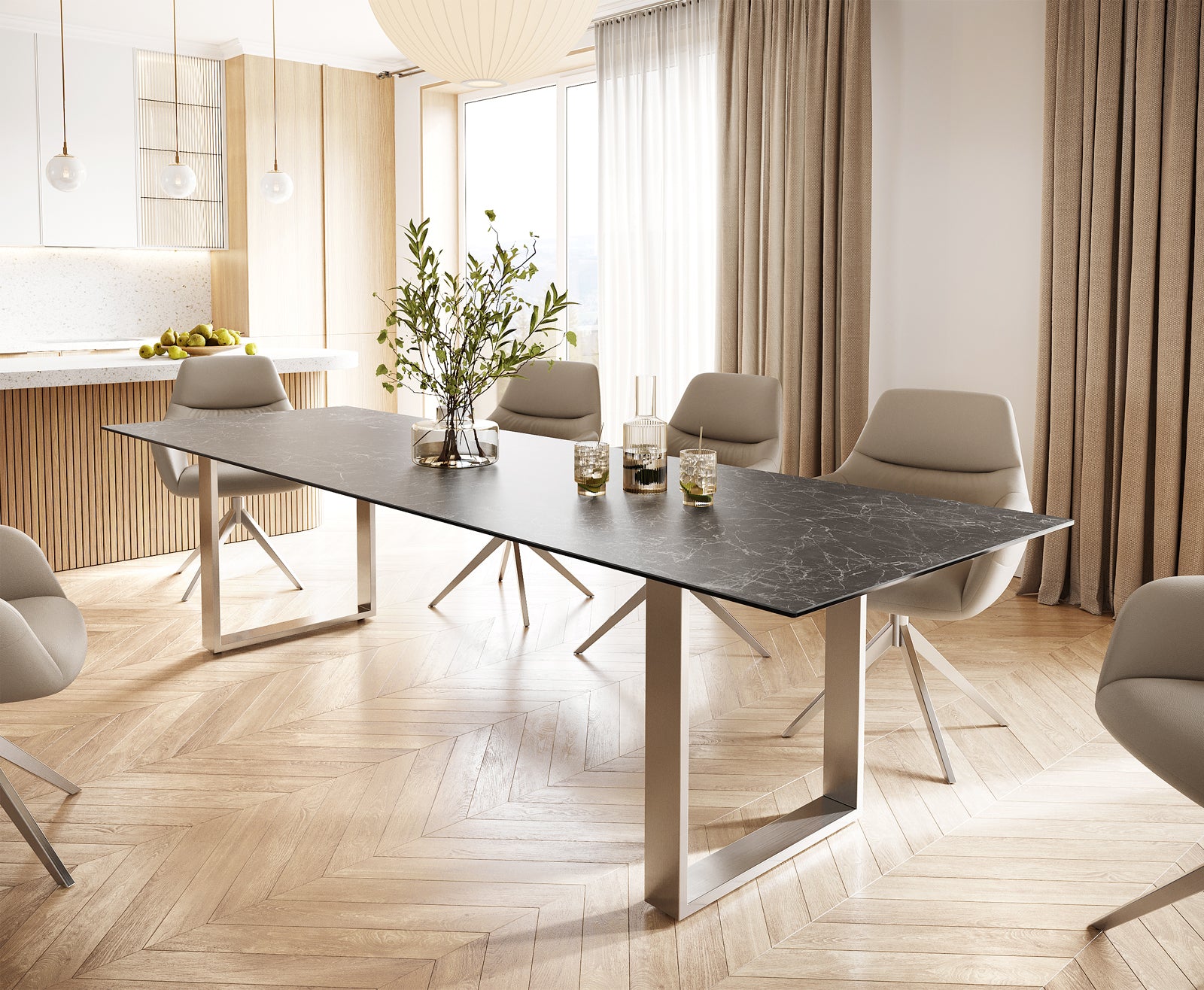 Dining Table Aurora Ceramic Gray Square Frame Slim Steel 200-300cm