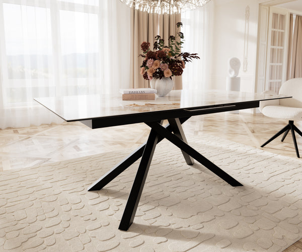 Dining Table Aurora Extendable Ceramic 180-220cm Beige Cross Frame Black