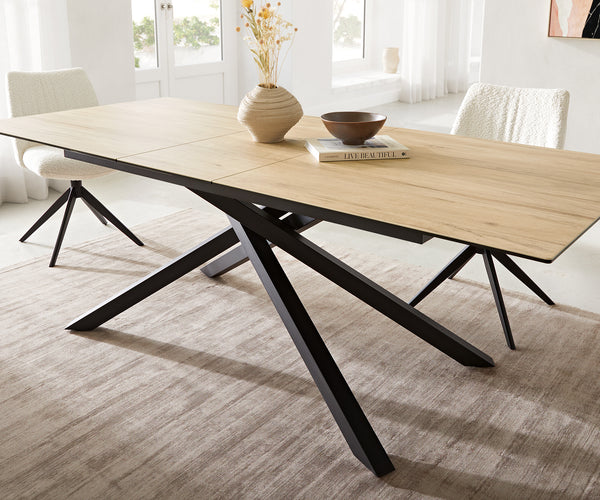 Dining Table Aurora Extendable Ceramic 180-220cm Oak Look Cross Frame Black