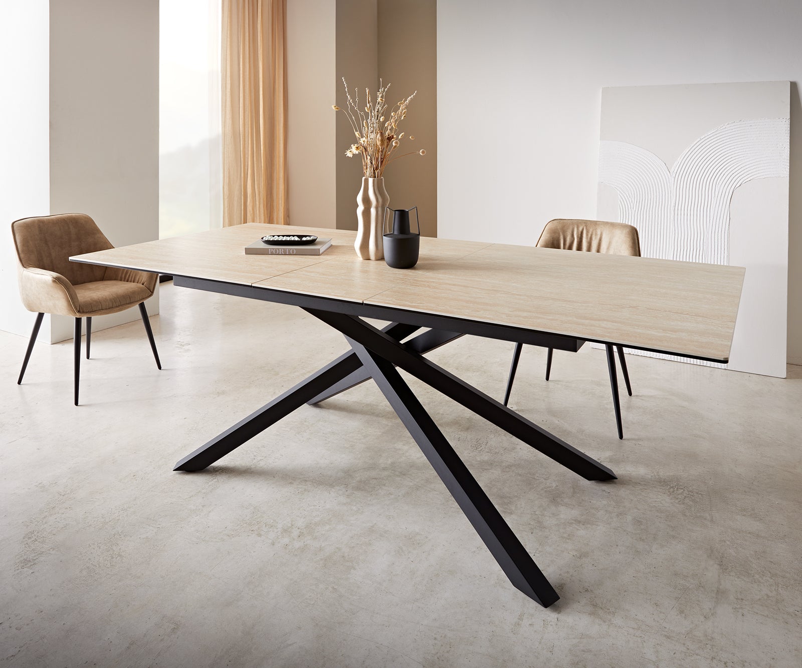 Dining Table Aurora Extendable Ceramic 180-220cm Natural Cross Frame Black