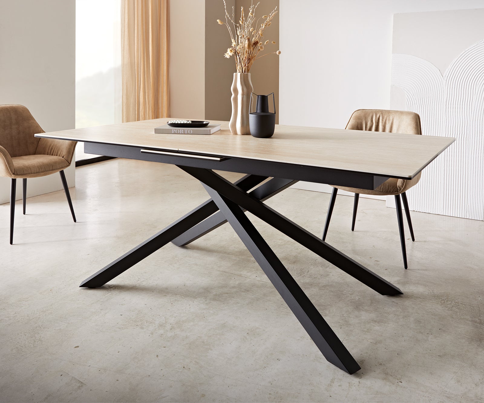 Dining Table Aurora Extendable Ceramic 180-220cm Natural Cross Frame Black