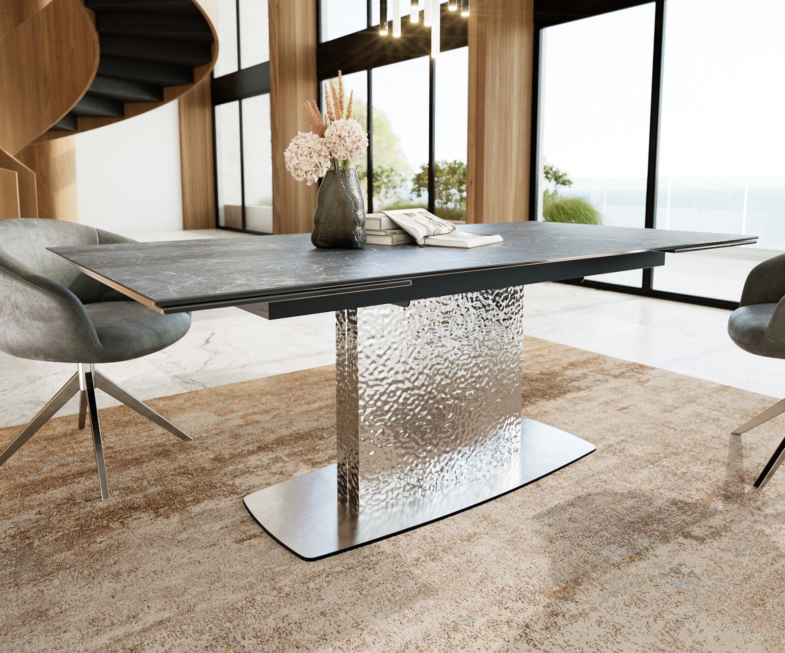 Dining Table Aurora Extendable Ceramic 200-300cm Anthracite Wave Frame Steel