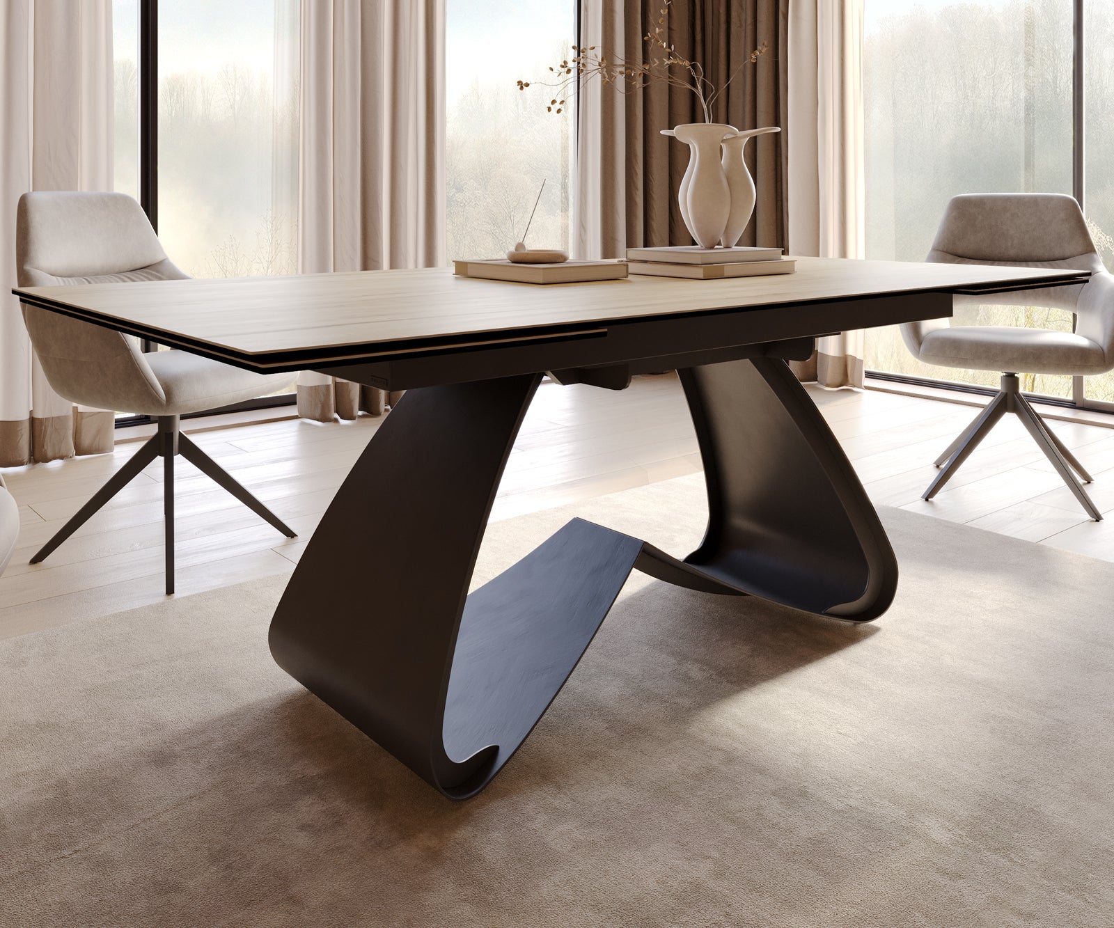 Dining Table Aurora Extendable Ceramic 200-300cm Oak Look W Frame Black