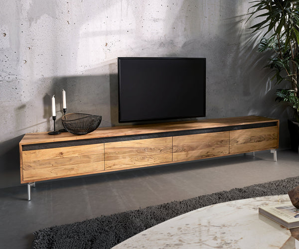 TV Stand Stonegrace 240 cm 4 Doors Acacia Wood Natural Foot Oval Stainless Steel