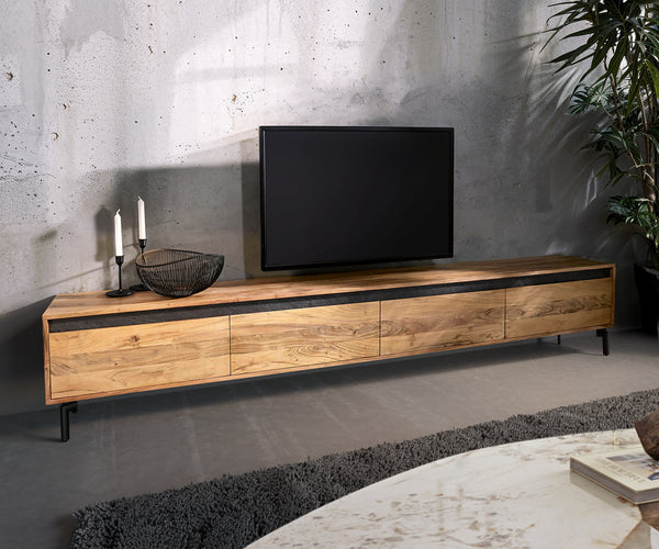 TV Stand Stonegrace 240 cm 4 Doors Acacia Wood Natural Foot Oval Metal Black