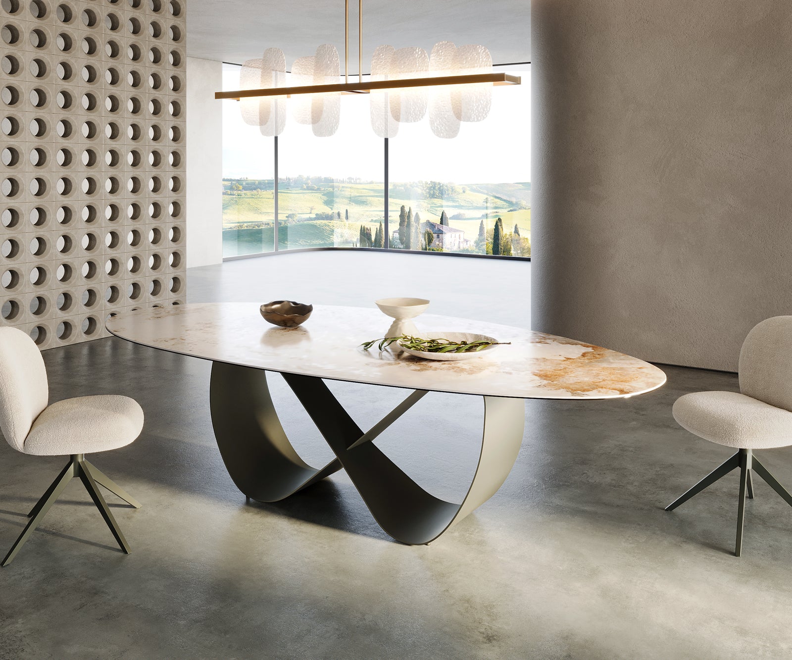 Dining Table Aurora Oval Ceramic 280cm Beige Infinity Frame Titanium