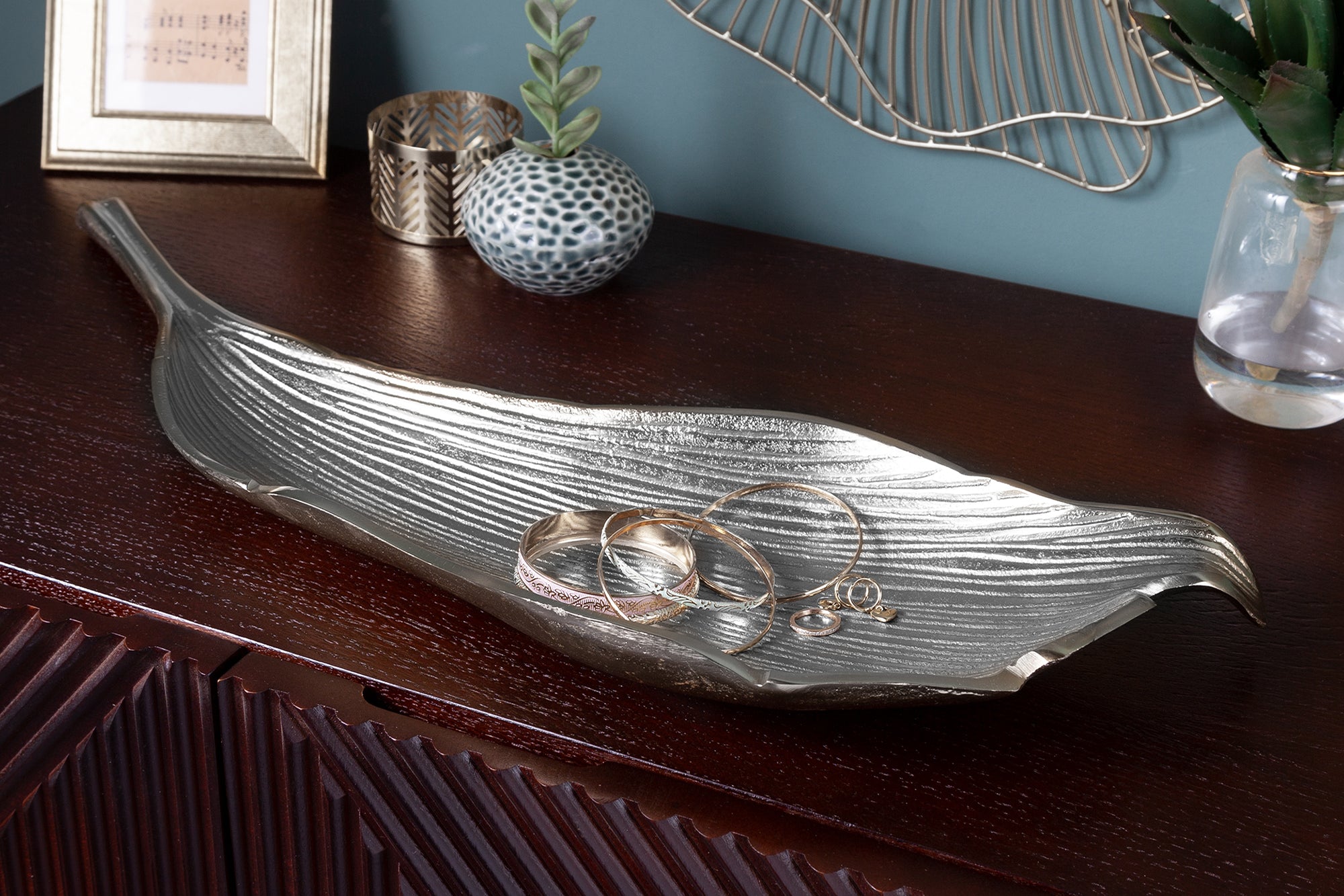 Decorative Bowl Abstract Leaf 65cm Silver Aluminum