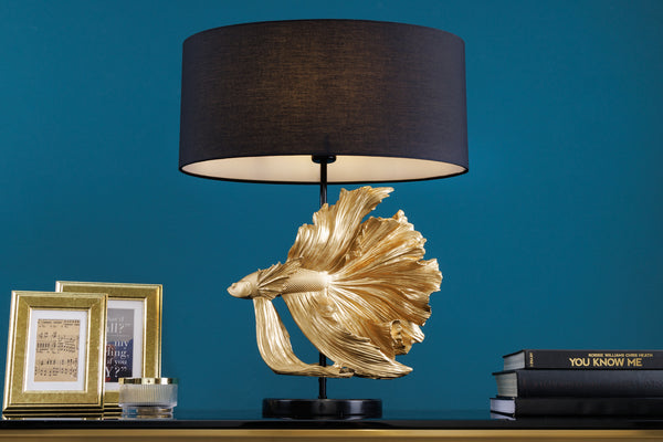 Table Lamp Crowntail 65cm Black Gold Fabric Shade Marble Base
