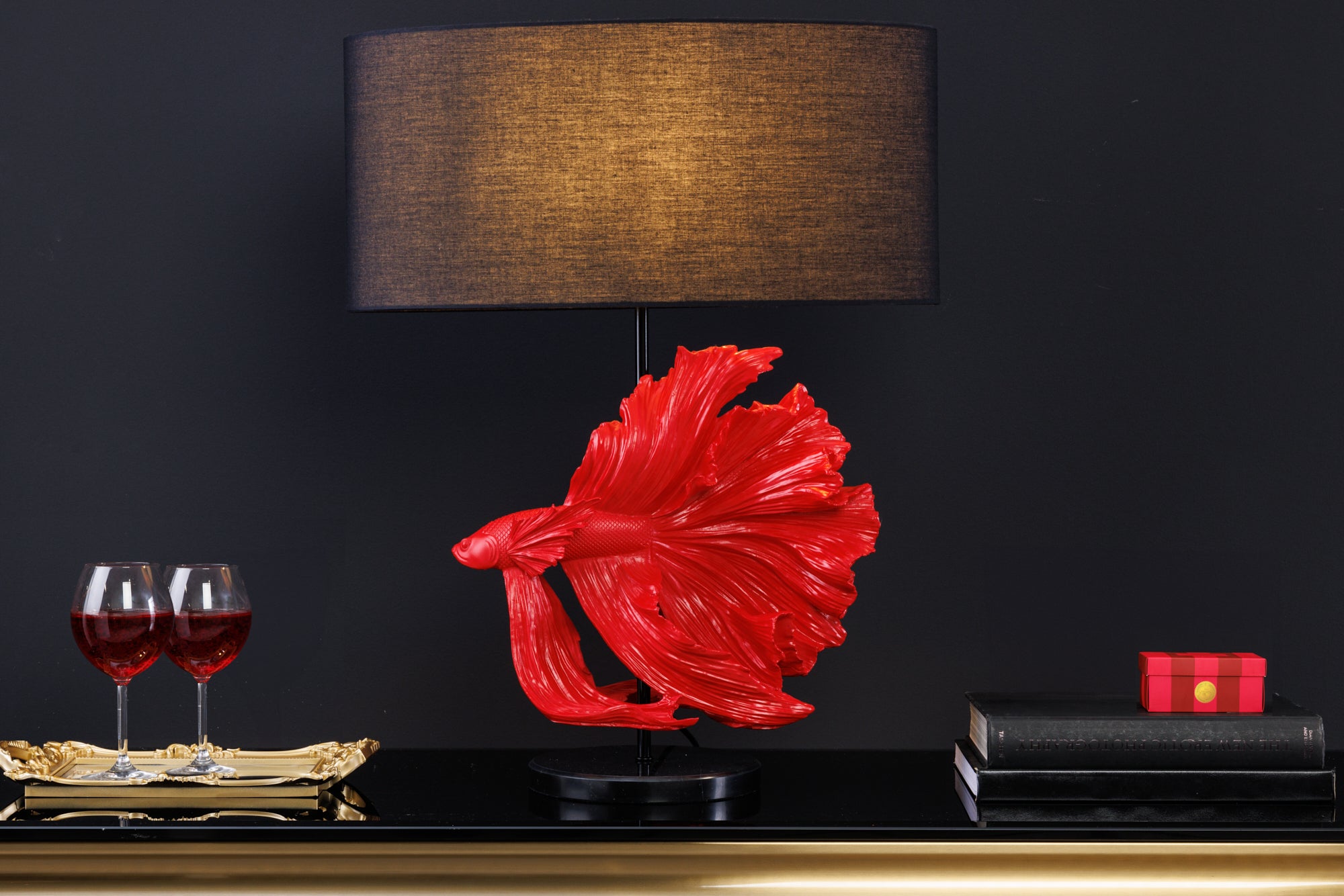 Table Lamp Crowntail 65cm Red Black Fabric Shade Marble Base