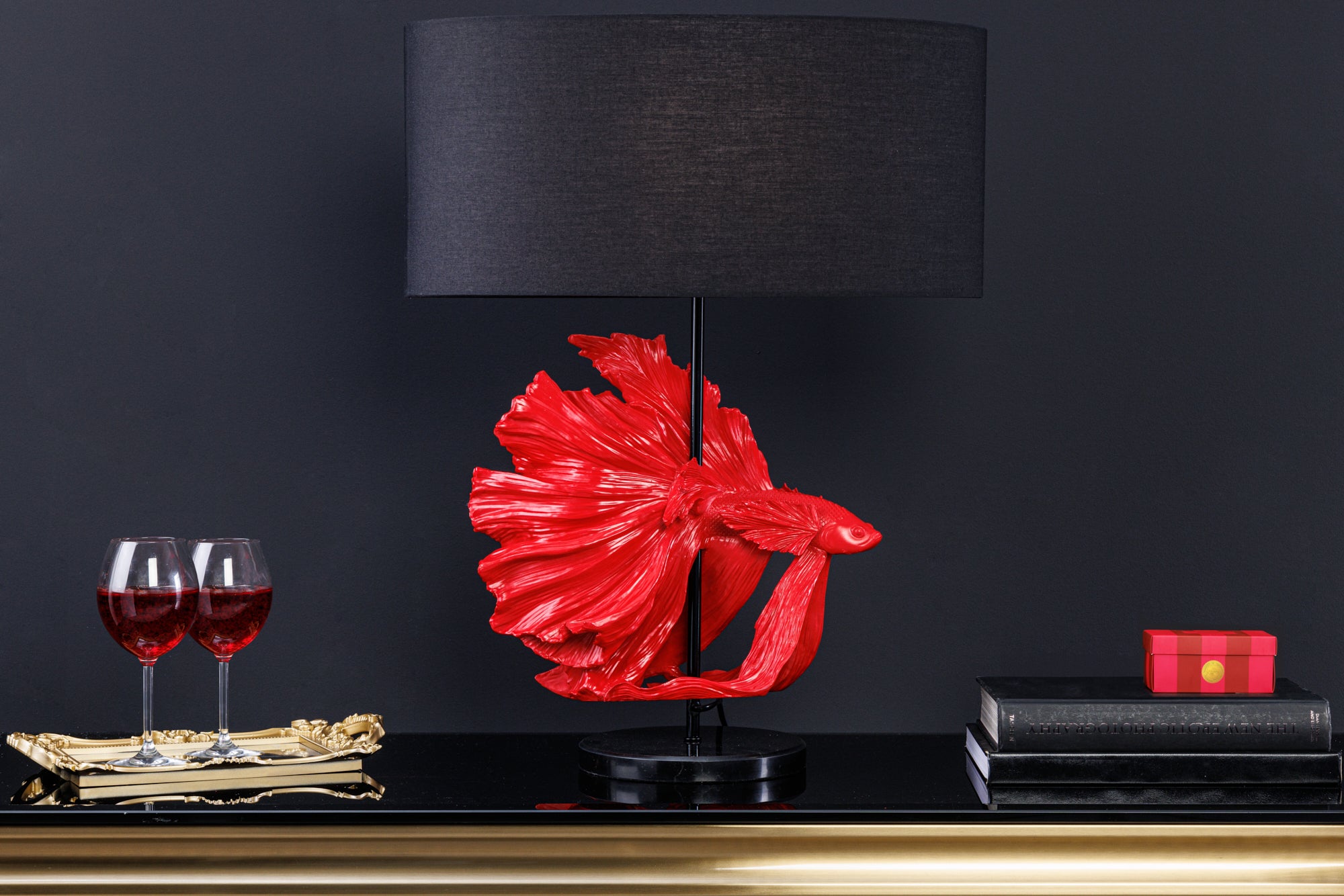 Table Lamp Crowntail 65cm Red Black Fabric Shade Marble Base