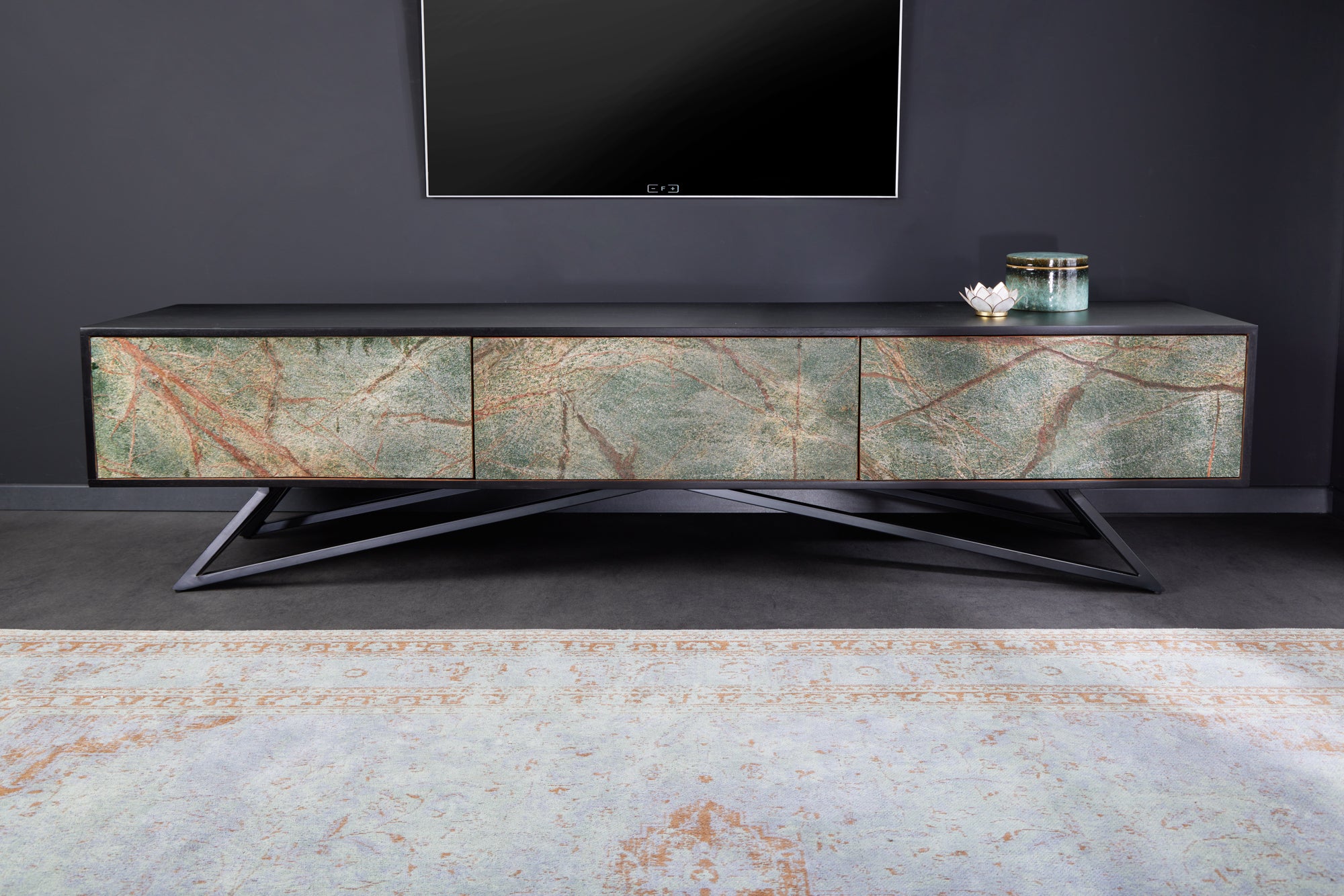 Floating / Standing TV Stand Summit 200cm Acacia Wood Black With Stone Veneer