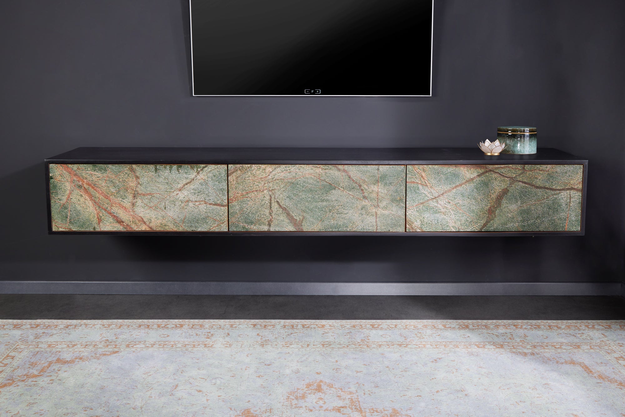 Floating / Standing TV Stand Summit 200cm Acacia Wood Black With Stone Veneer