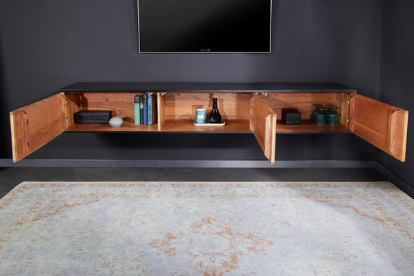 Floating / Standing TV Stand Summit 200cm Acacia Wood Black With Stone Veneer