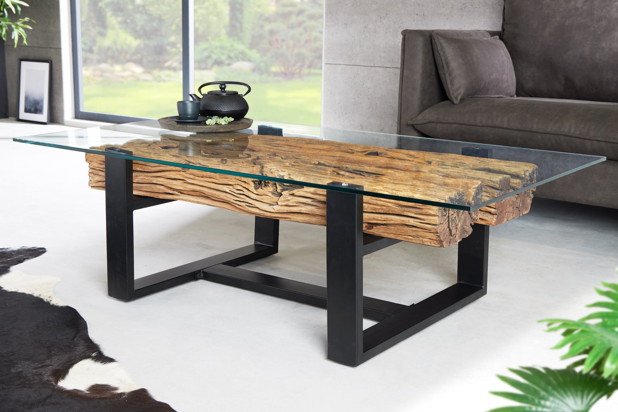 Coffee Table Barracuda 130cm Recycled Wood Brown Glass Top