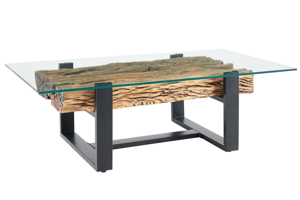 Coffee Table Barracuda 130cm Recycled Wood Brown Glass Top