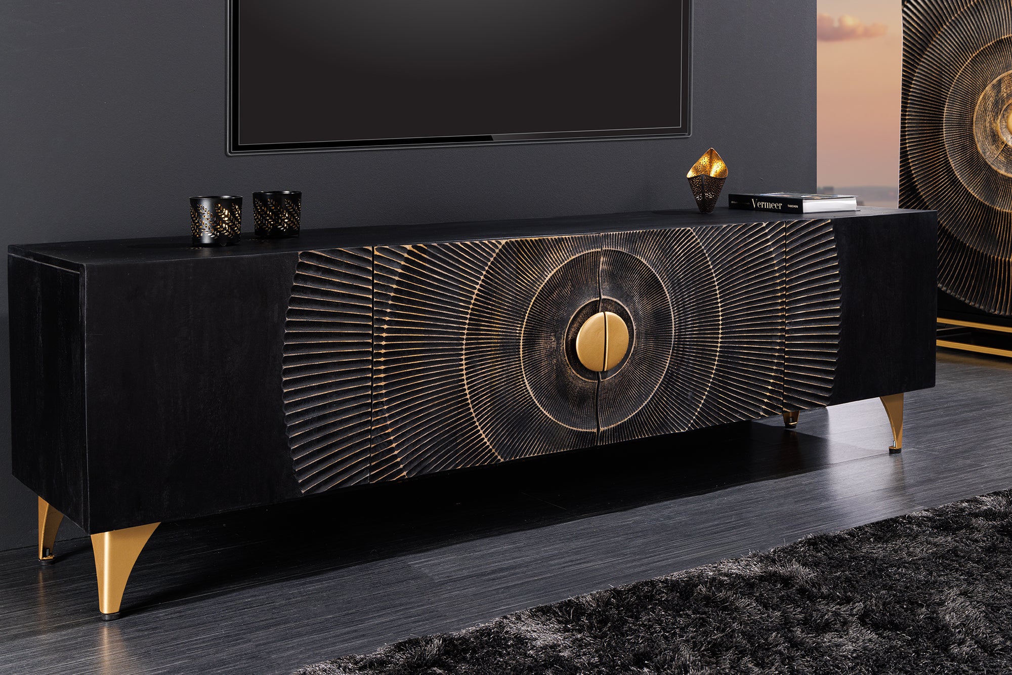 Golden Eye TV Stand 180 cm - Black mango wood with gold accents and metal legs.