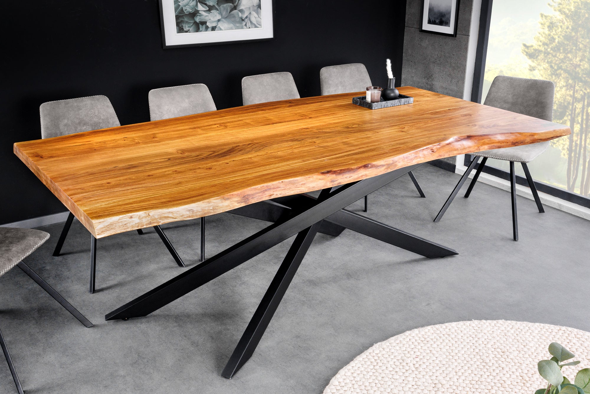 Dining Table Monolith 200cm Acacia Wood Natural Cross Frame 60mm Top