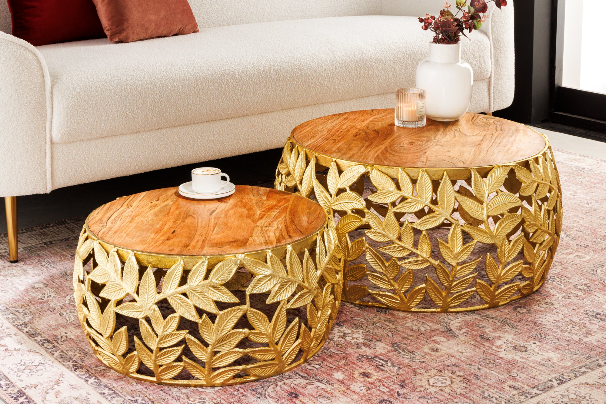 Nesting Coffee Table Abstract Leaf set of 2 Gold Acacia