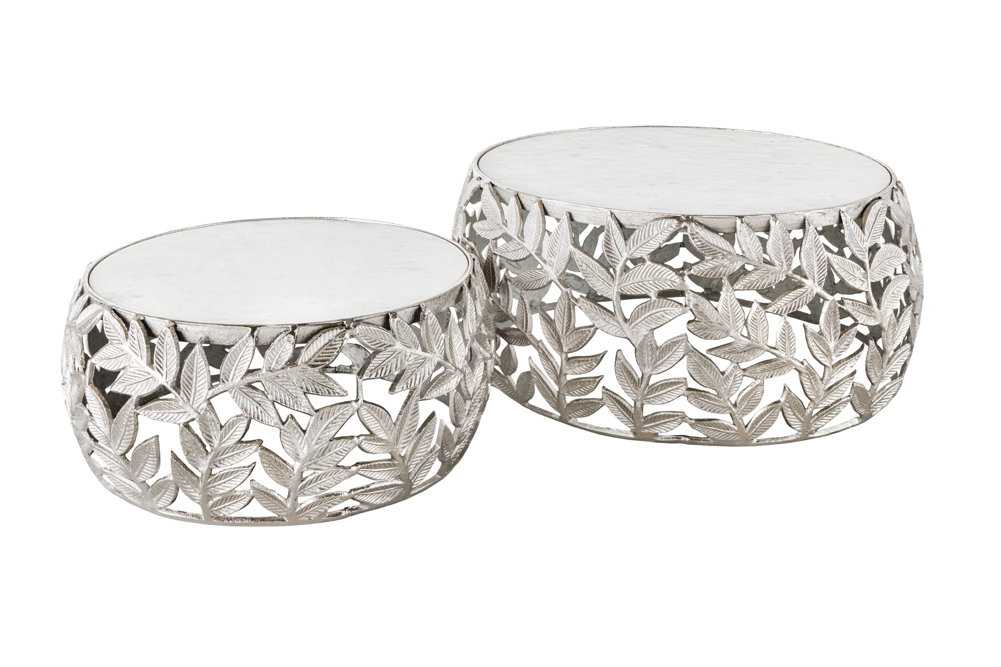 Nesting Coffee Table Abstract Leaf set of 2 Silver Marble