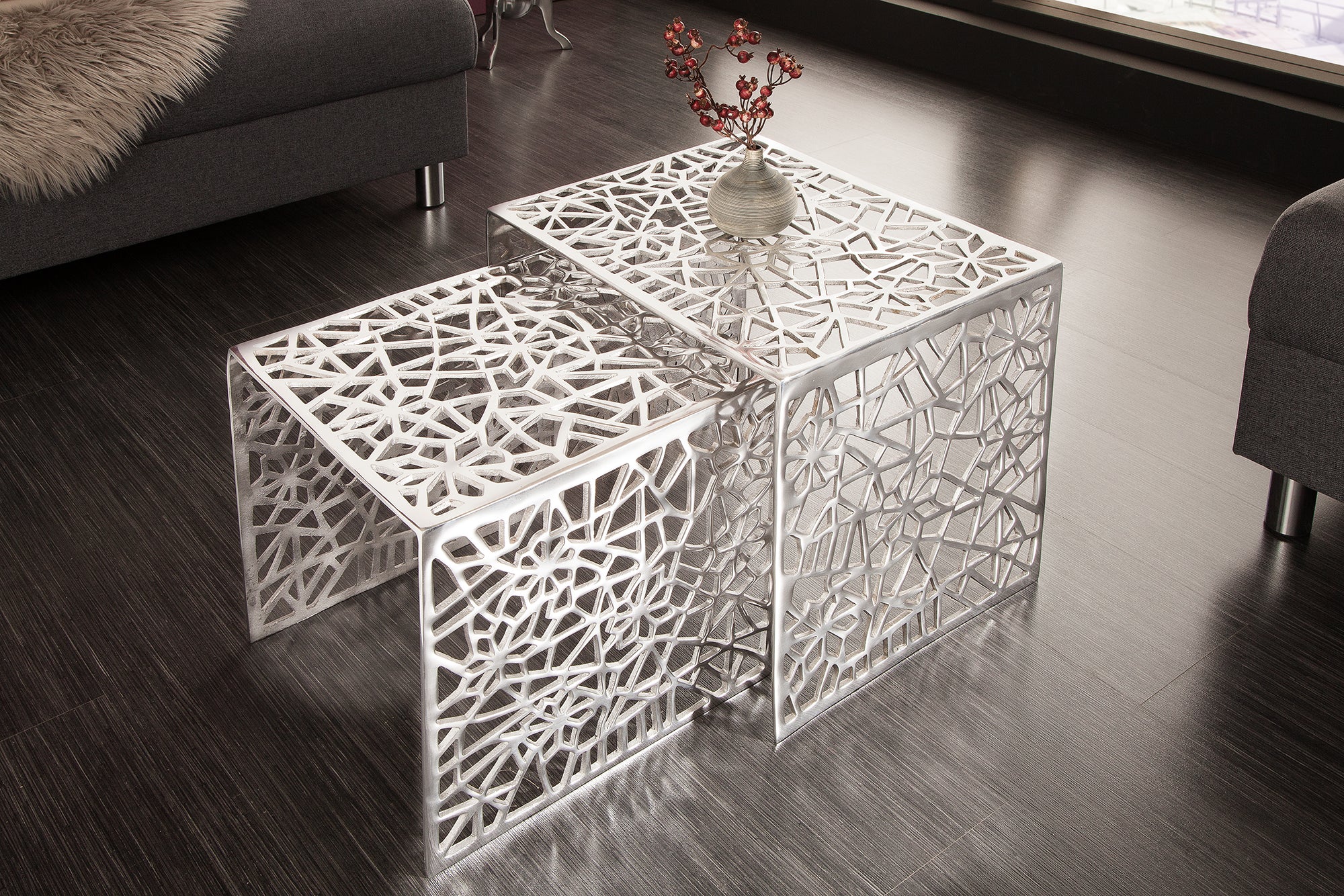 Nesting Coffee Table Abstract set of 2 Silver