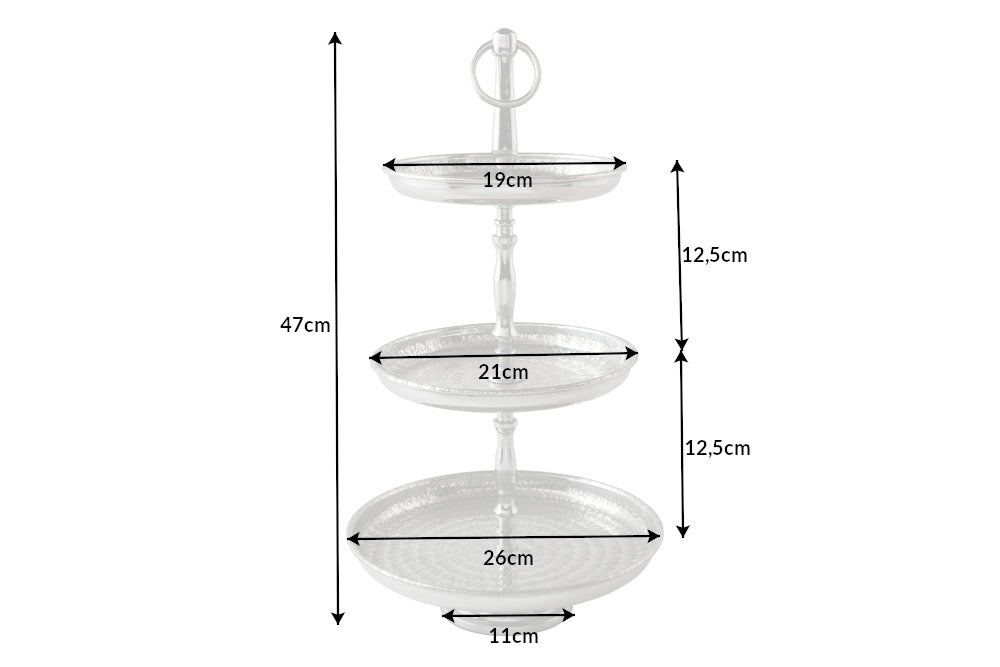 Three Tier Cake Stand Orient 47cm Hammered Aluminium Silver